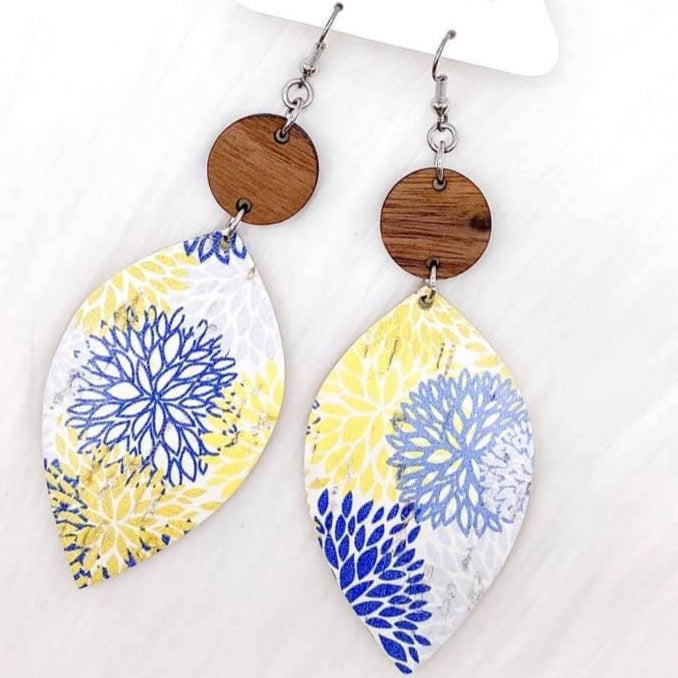 Yellow/Blue Large Floral Leaf Earrings